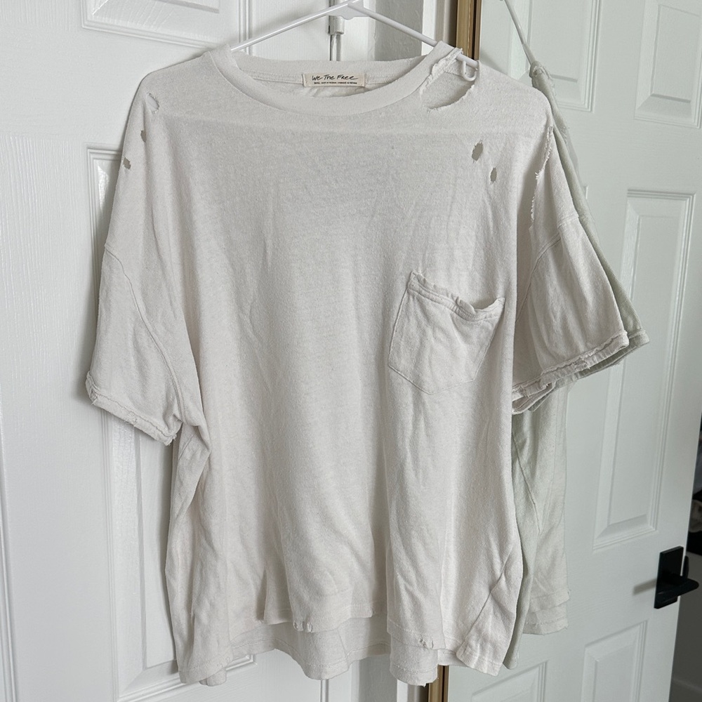 Free People Distressed White Short Sleeve Tee